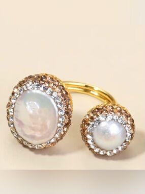 Adjustable 2 Finger Ring Double SidedPearl Ring Encrusted w/ Zircon Rhinestones